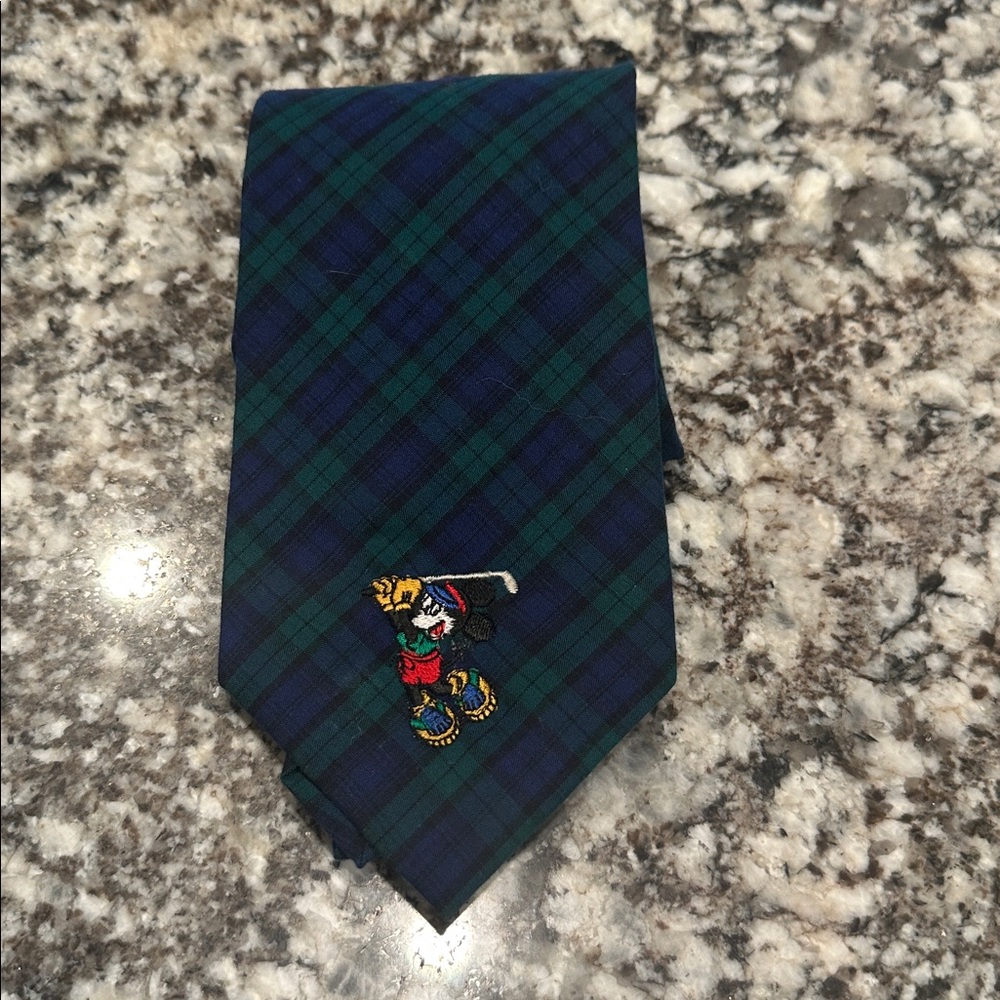 Vintage Plaid Embroidered Mickey Mouse Golfing Tie Blue Green Plaid
